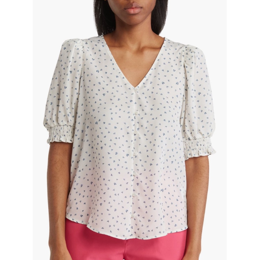NWT Pleione White with Blue Hearts Blouse Size Small